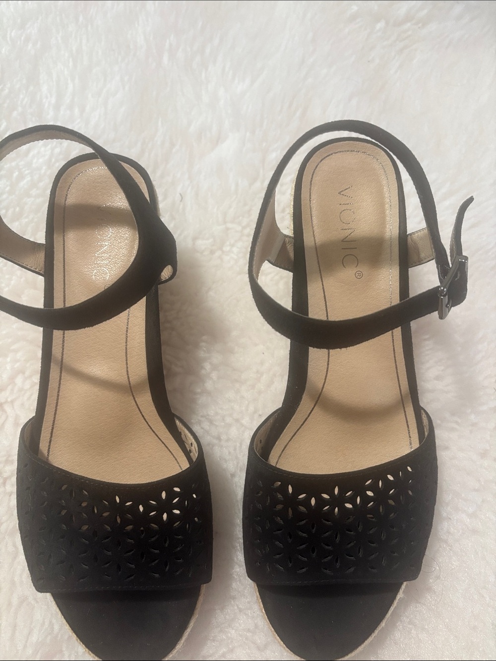 Vionic Black Espadrille Wedge Sandals with Perforated Toe - Picture 3 of 11